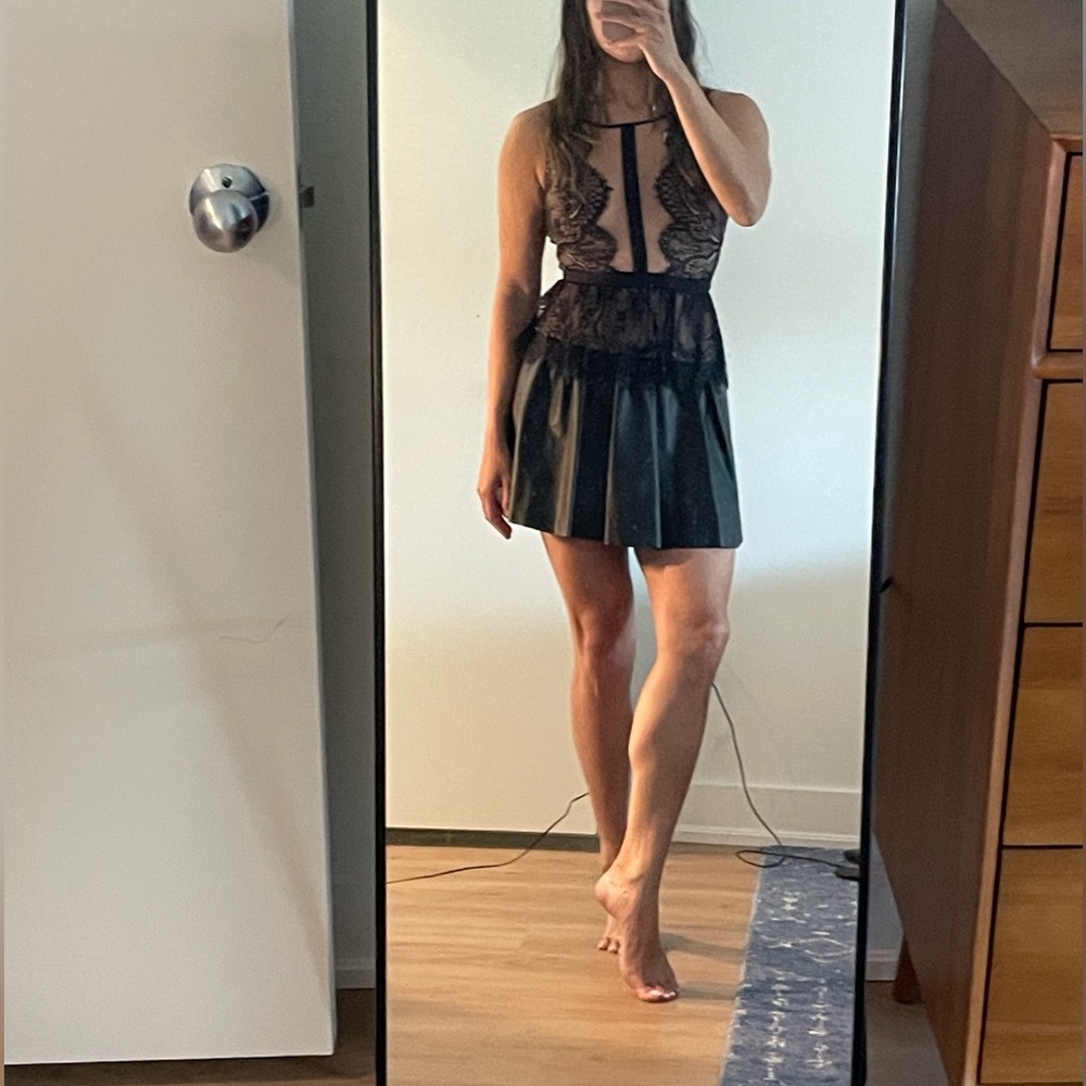 BCBGMAZAria Size 0 Formal Black Lace Faux Leather Dress